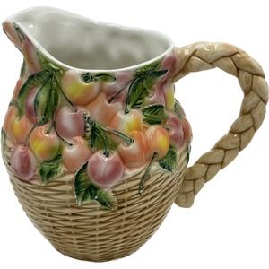 Vintage La Ceramica Pitcher Fruit Basket Weave‎ Floral Design Made In Italy HTF